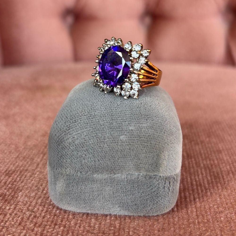 925 Sterling Silver Purple Halo Ring Size 8 CZ Statement Cocktail, February